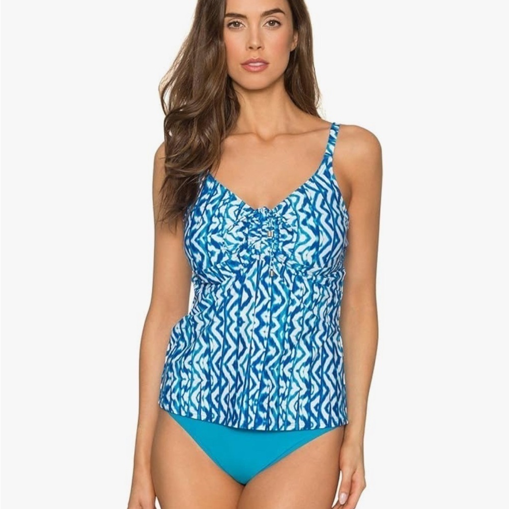 NWT Sunsets Women's Marina Tankini Top 32DD Front Tie Detail Aquarius